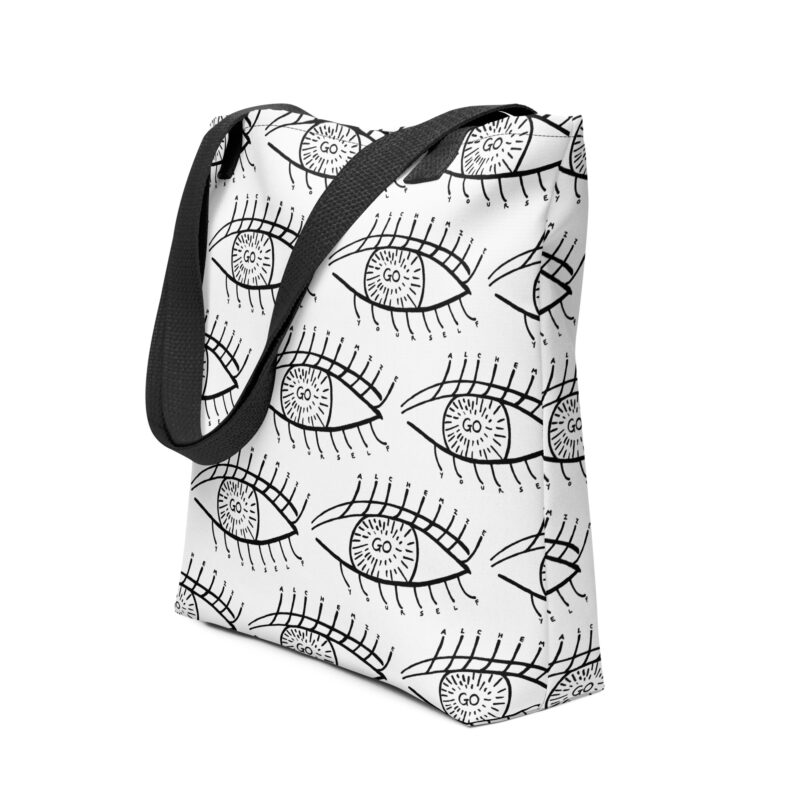 GO ALCHEMIZE YOURSELF Black and White Tote Bag All Over Eye Pattern